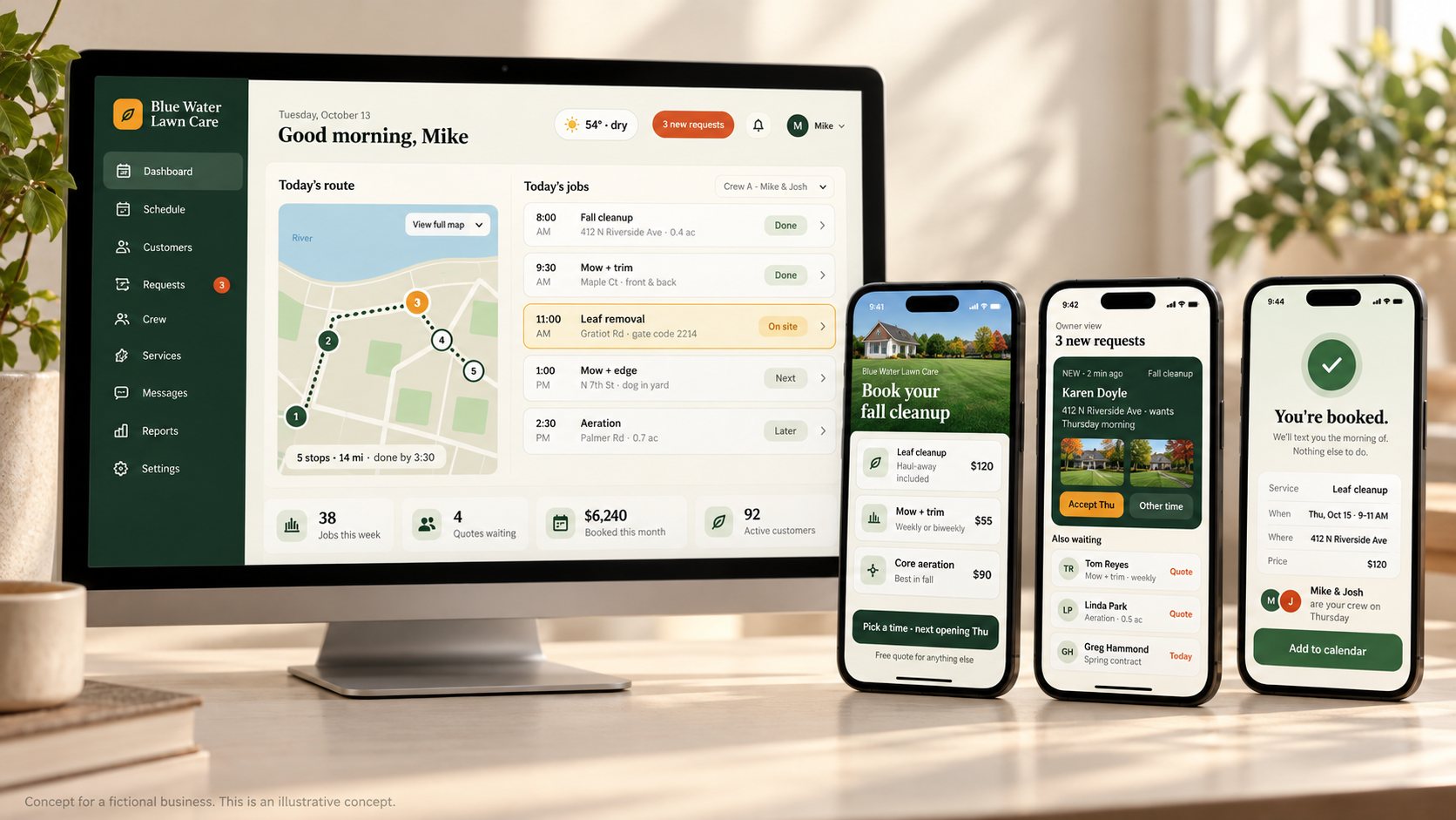 Concept: a business owner's dashboard on a desktop with booking, requests and confirmation screens on three phones